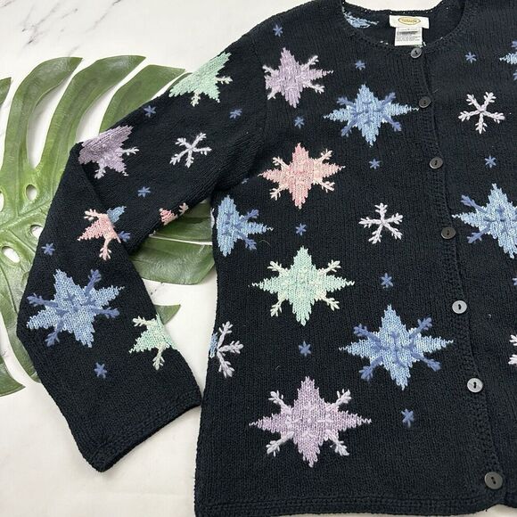 Talbots Womens Vintage 90s Snowflake Cardigan Sweater Size L Black Blue Holiday - Picture 4 of 12